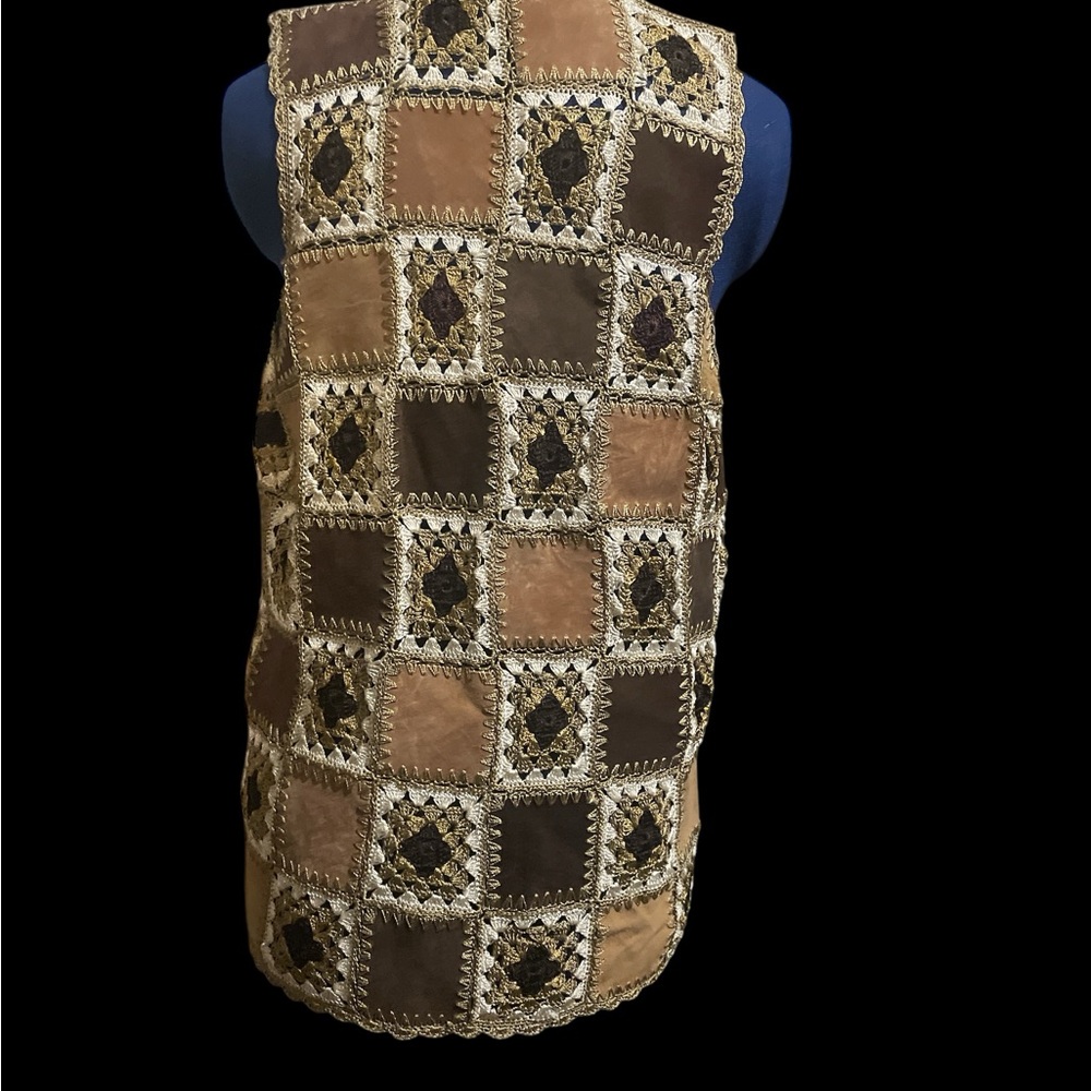 Vintage Patchwork Leather Suede Vest Crotchet Sq - image 2